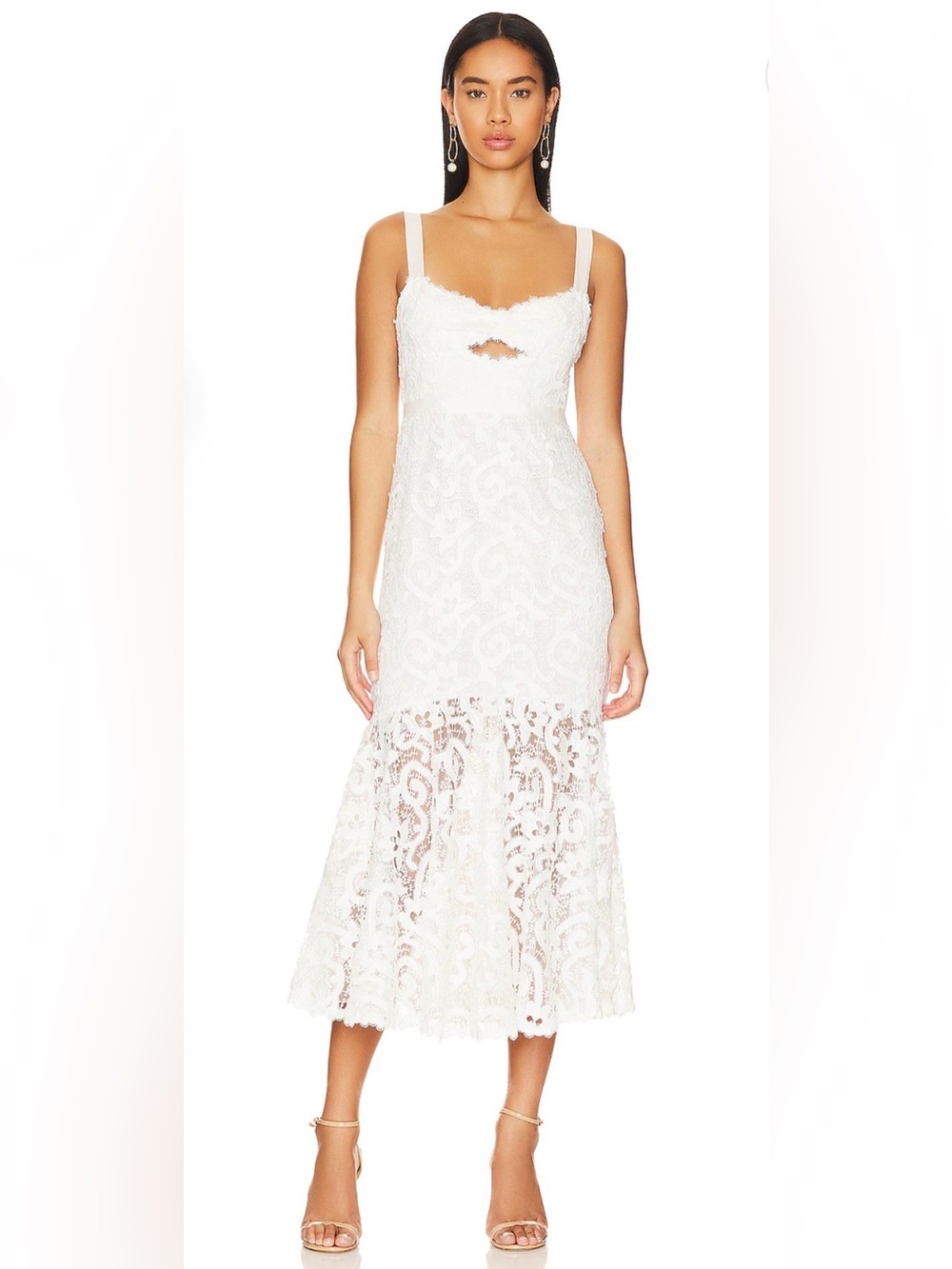 SAYLOR Lesli White Lace Midi Dress XS Bridal Bow Cutout Revolve Free People NWOT